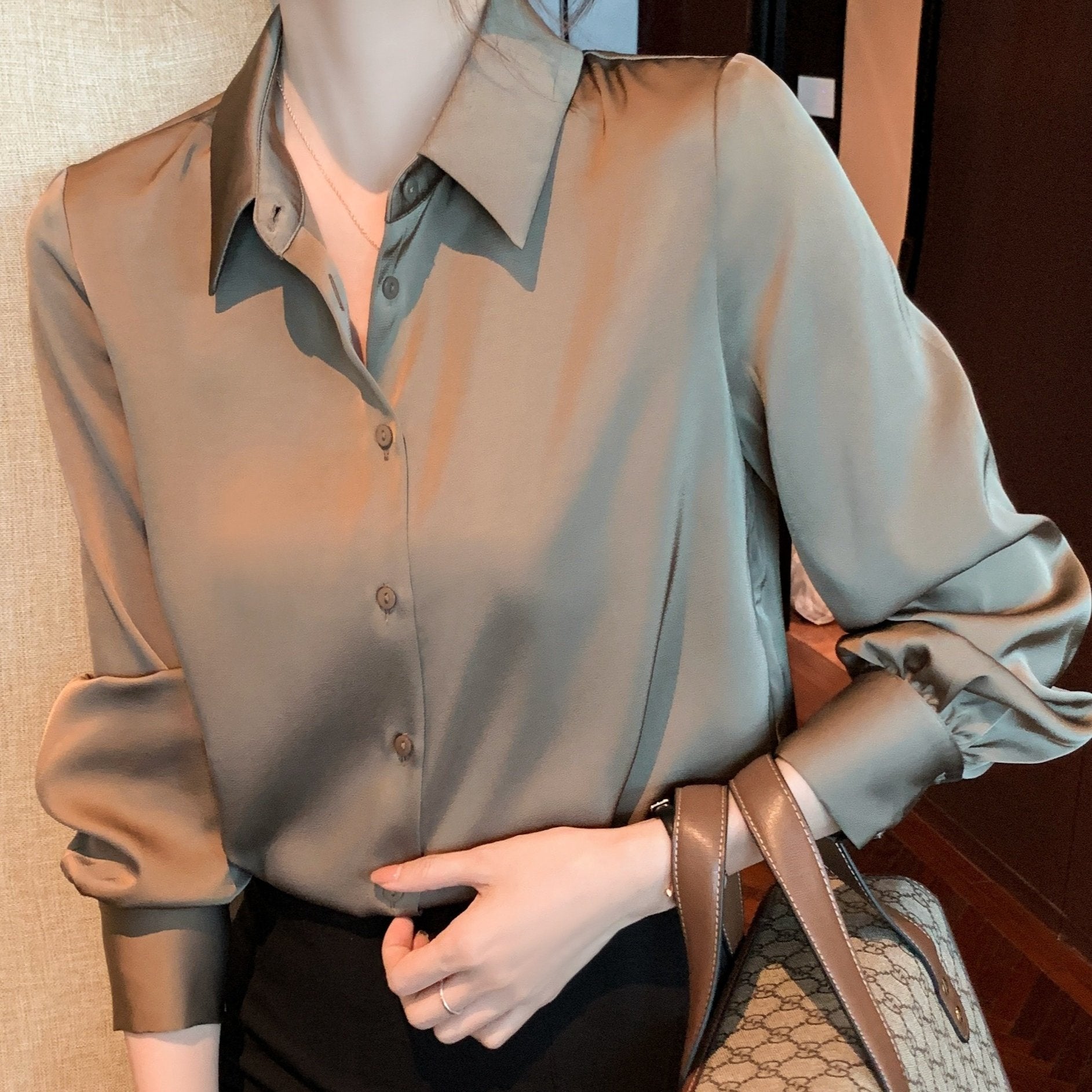 Women's Solid Color Long Sleeve Blouse Made of 100% Polyester with Lapel Collar and Button Details