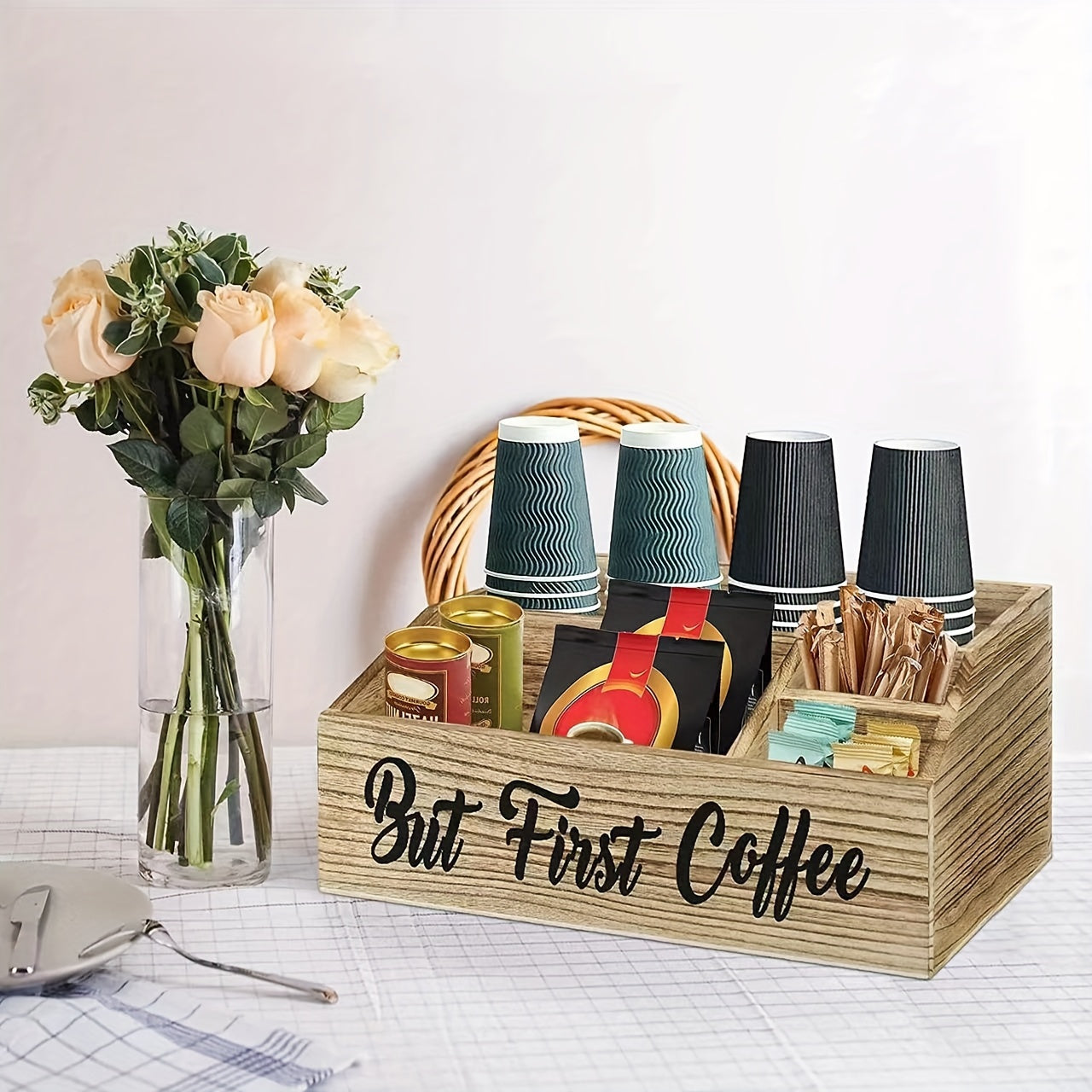 Rustic Wooden Coffee Station Organizer Countertop Pods Holder Condiment Basket