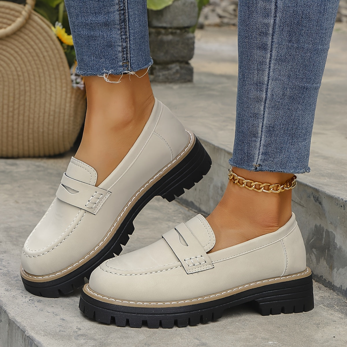 Women Vintage Penny Loafers Faux Leather Casual Slip-On Round Toe Durable EVA Sole