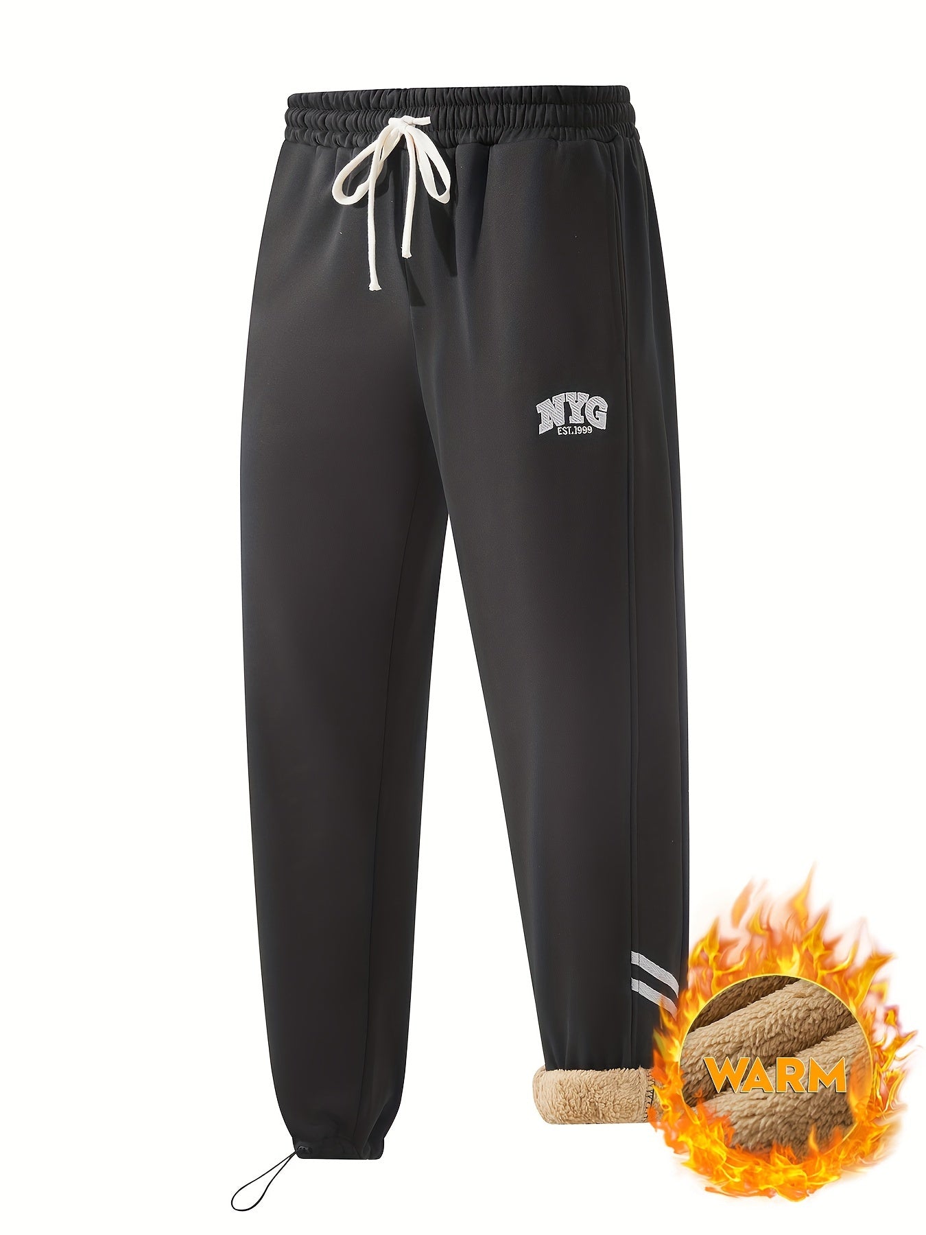 Men's Fleece-Lined Drawstring Joggers Black Plus Size Winter Sweatpants