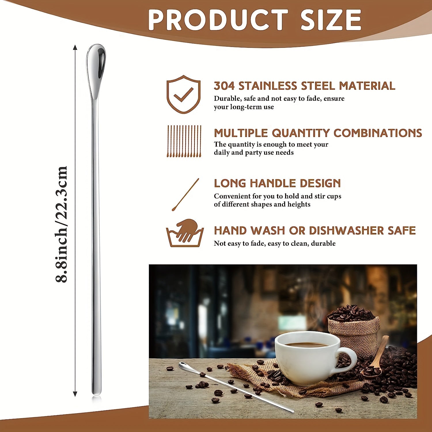 Long-Handled Stainless Steel Cocktail Stirring Spoon 22cm for Drinks and Coffee