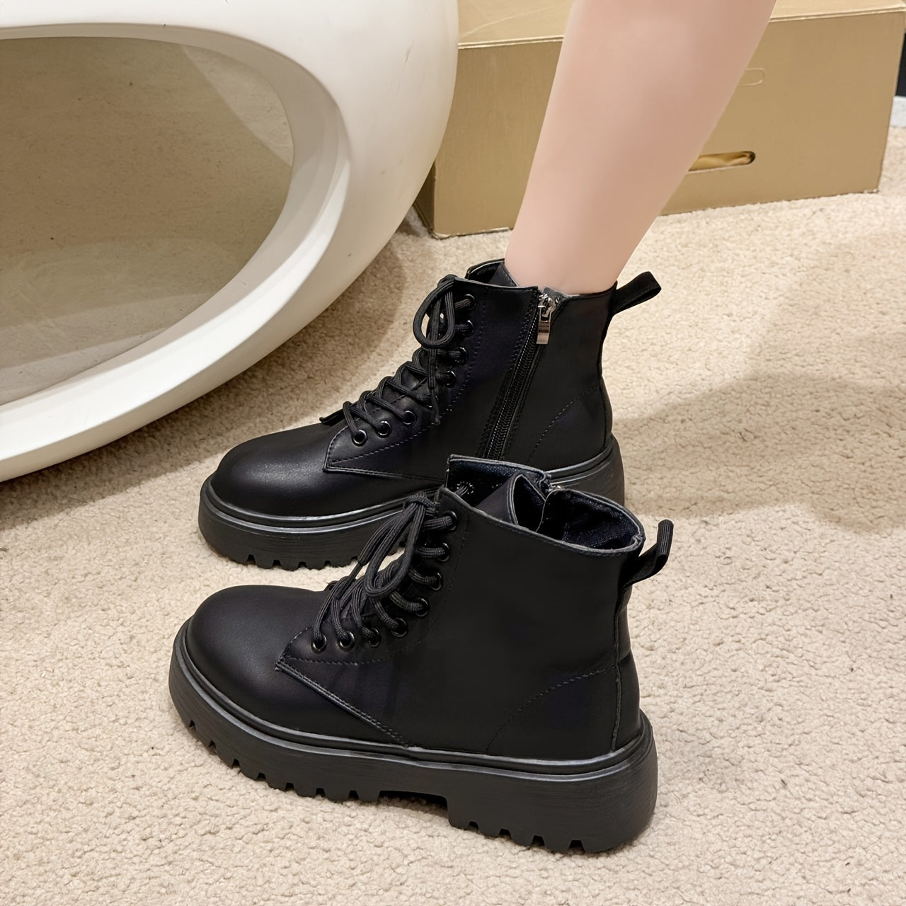 Women's Black Platform Ankle Boots with Zipper, Lace-Up, Chunky Sole