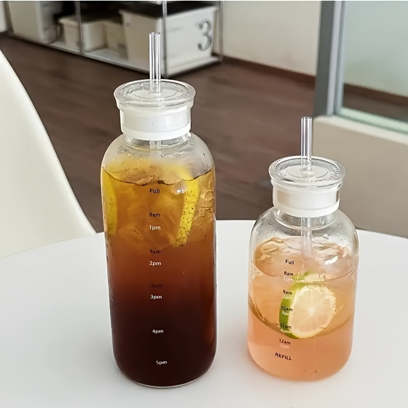 Reusable Glass Water Bottle with Time Marker Leak Proof BPA-Free Portable Travel Coffee Cup