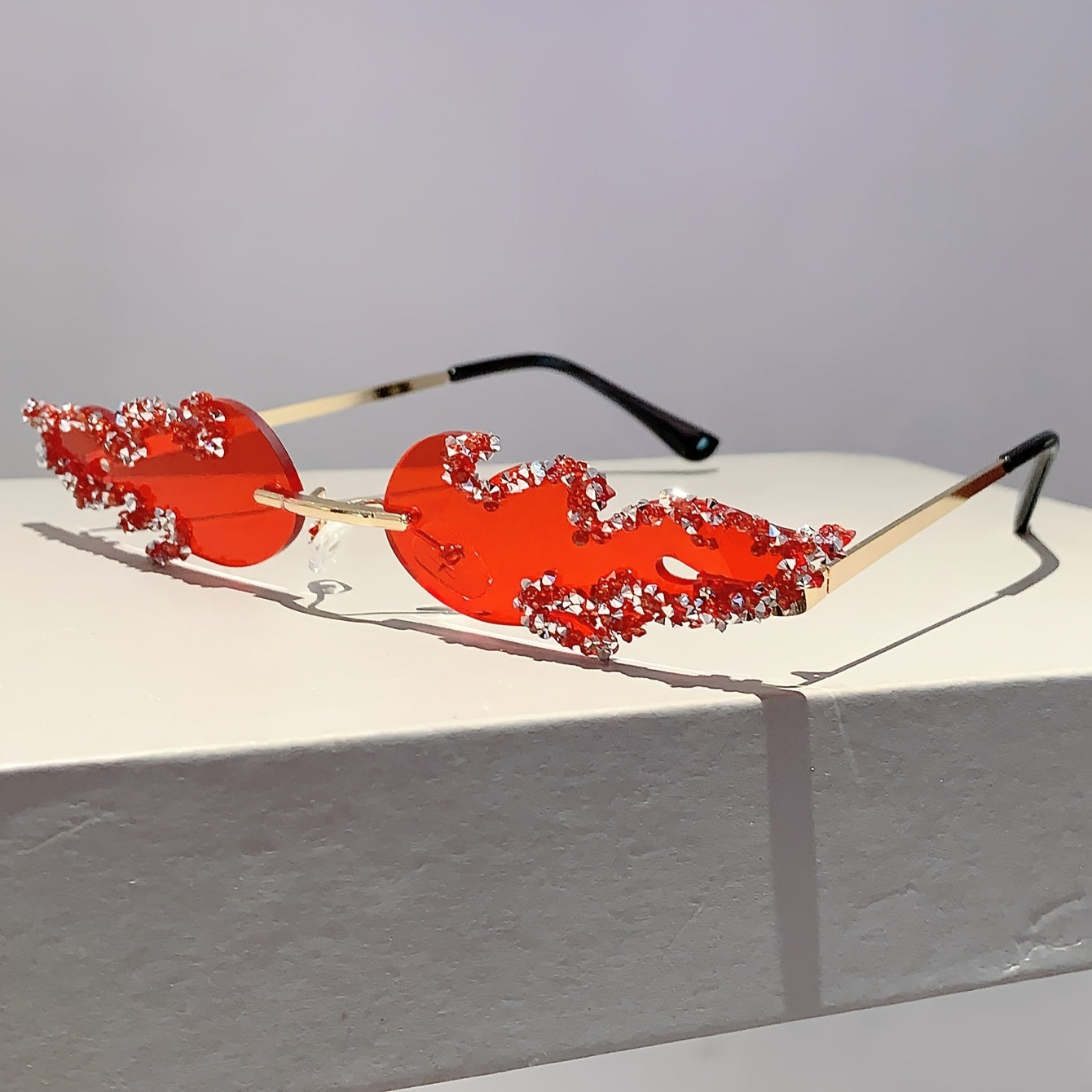 Women's Fire Flame Rimless Sunglasses with Rhinestones for Parties and Clubwear