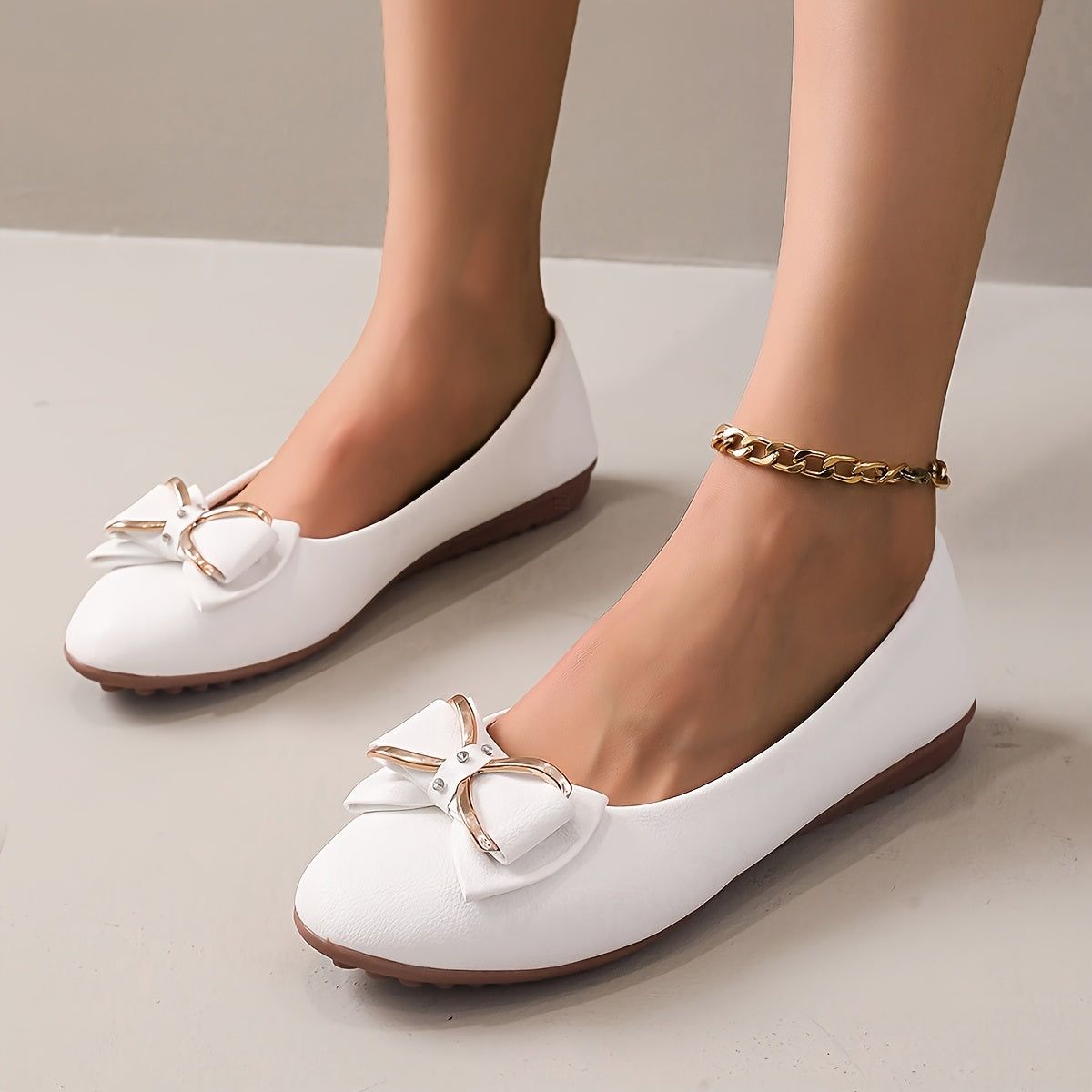 Women's White Ballet Flats with Gold Bow Synthetic Slip-On Casual Shoes