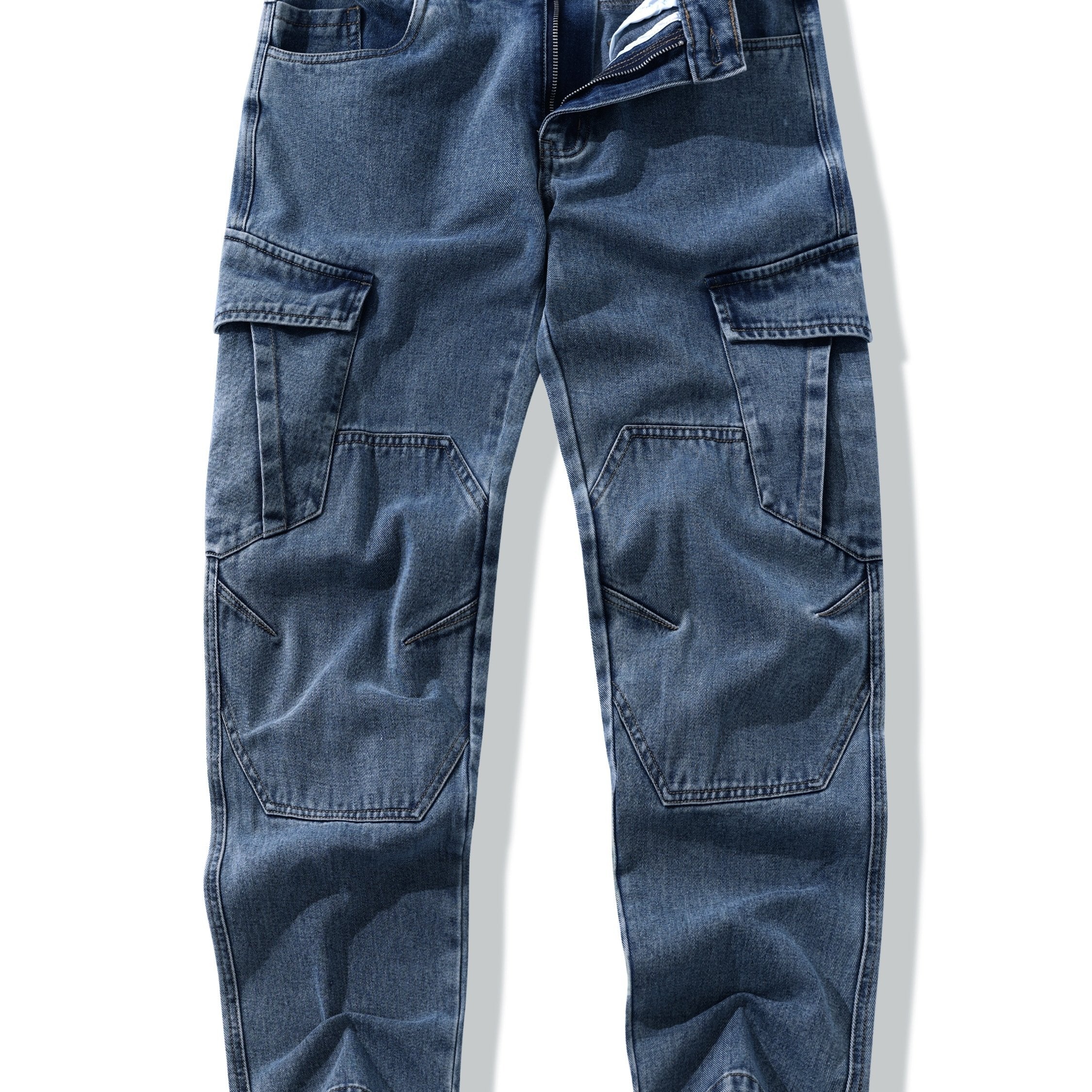 Vintage yuvilgan denim yuk shimlari, keng kesim, o'rta bel elastik bel, ko'p cho'ntakli zip-fly, ko'cha uslubi. Tashqi foydalanish uchun cho'zilmaydigan paxta, polyester, viskoza matosidan tayyorlangan.