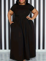 Plus Size Solid Maxi Dress with Short Sleeves, Medium Stretch, Crew Neck