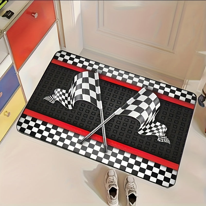 Flannel Racing Flag Mat Non-Slip Checkered Design 1.1cm Thick for Living Room Bedroom