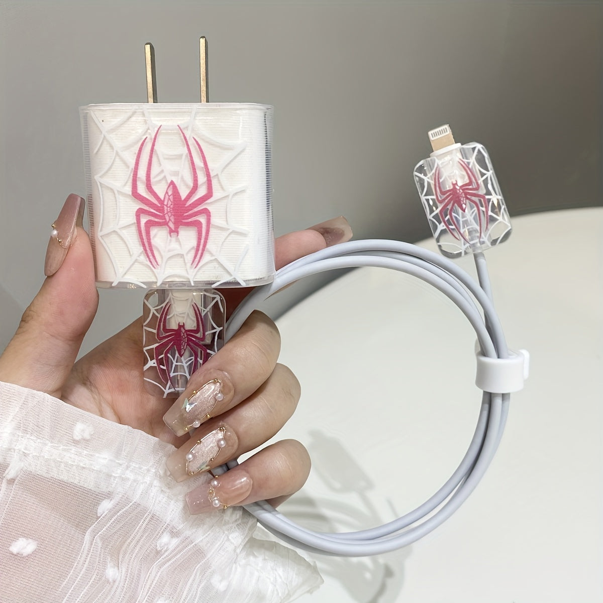 TPU Spider Pattern Charger and Cable Protector Set for iPhone 20W Adapter Durable Port Cover