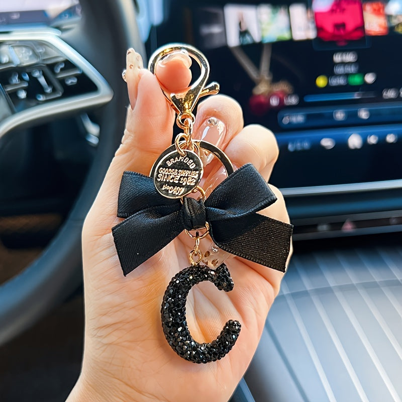 Black Bow and Rhinestone Alphabet Keychain Alloy Cartoon Charm for Bags and Cars