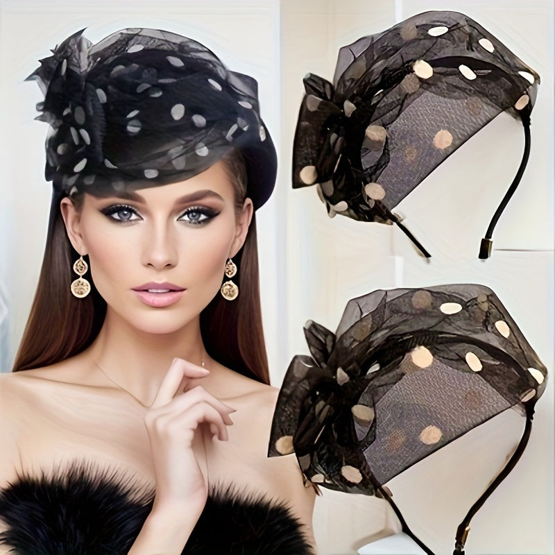 Wide-Brim Headband with Polka Dot Mesh and Bow for Summer Events