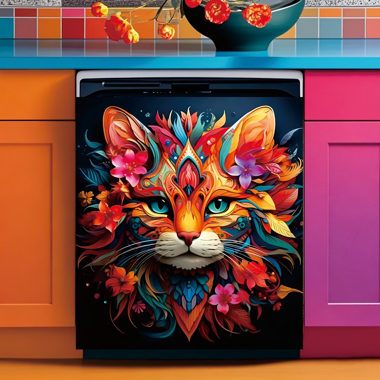 2D Magnetic Cat Dishwasher Door Cover for Iron Surfaces with Lion and Flower Decorations