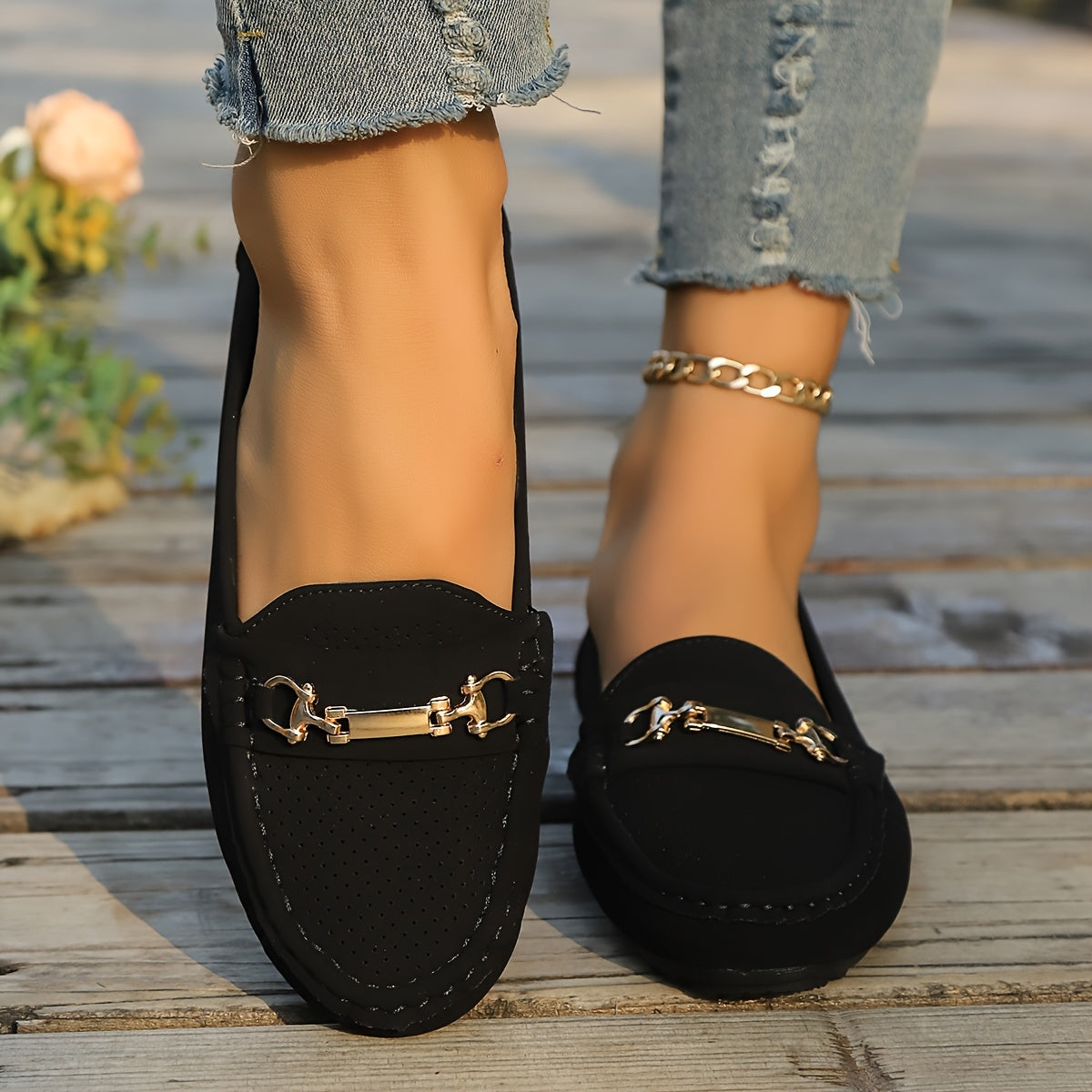 Women Slip-On Loafers Black Comfortable Casual Flat Shoes All-Season