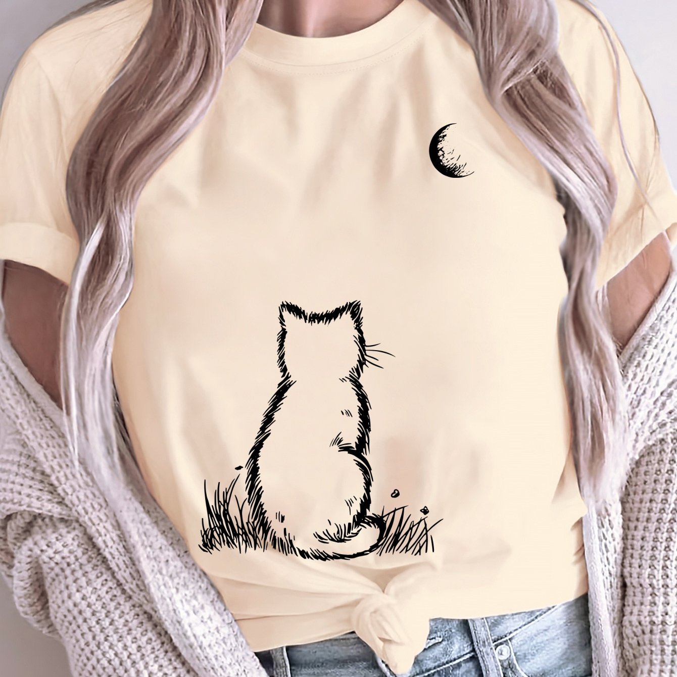 Women's Plus Size Loose Fit T Shirt Pink Geometric Cat Moon Print Casual Top