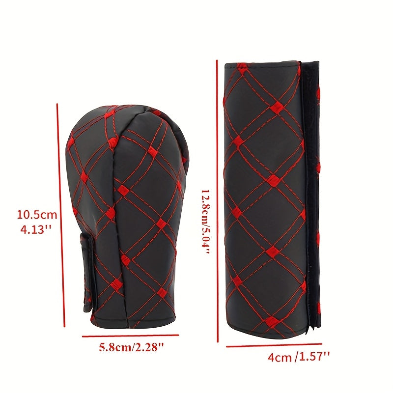 2pcs Faux Leather Gear Shift Knob and Handbrake Cover Set - Anti-Slip Red Stitching Car Interior Accessories