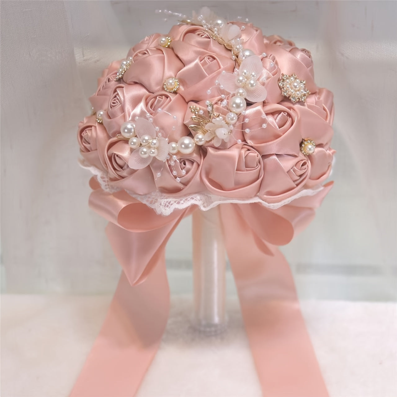 Satin Rose Wedding Bouquet Handcrafted Bridal Wrist Corsage Blue White for Bridesmaids and Events