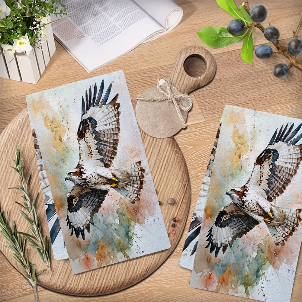 Majestik eagle tasviri bilan ikki dona ultra yumshoq oshxona sochiq. Bu juda yaxshi yutadigan sochiqlar mashinada yuviladi va idishlarni quritish uchun mukammal. Rangli akvarel eagle san'ati 40.64x60.96 sm o'lchamda bo'lib, bayram bezaklari uchun ideal.