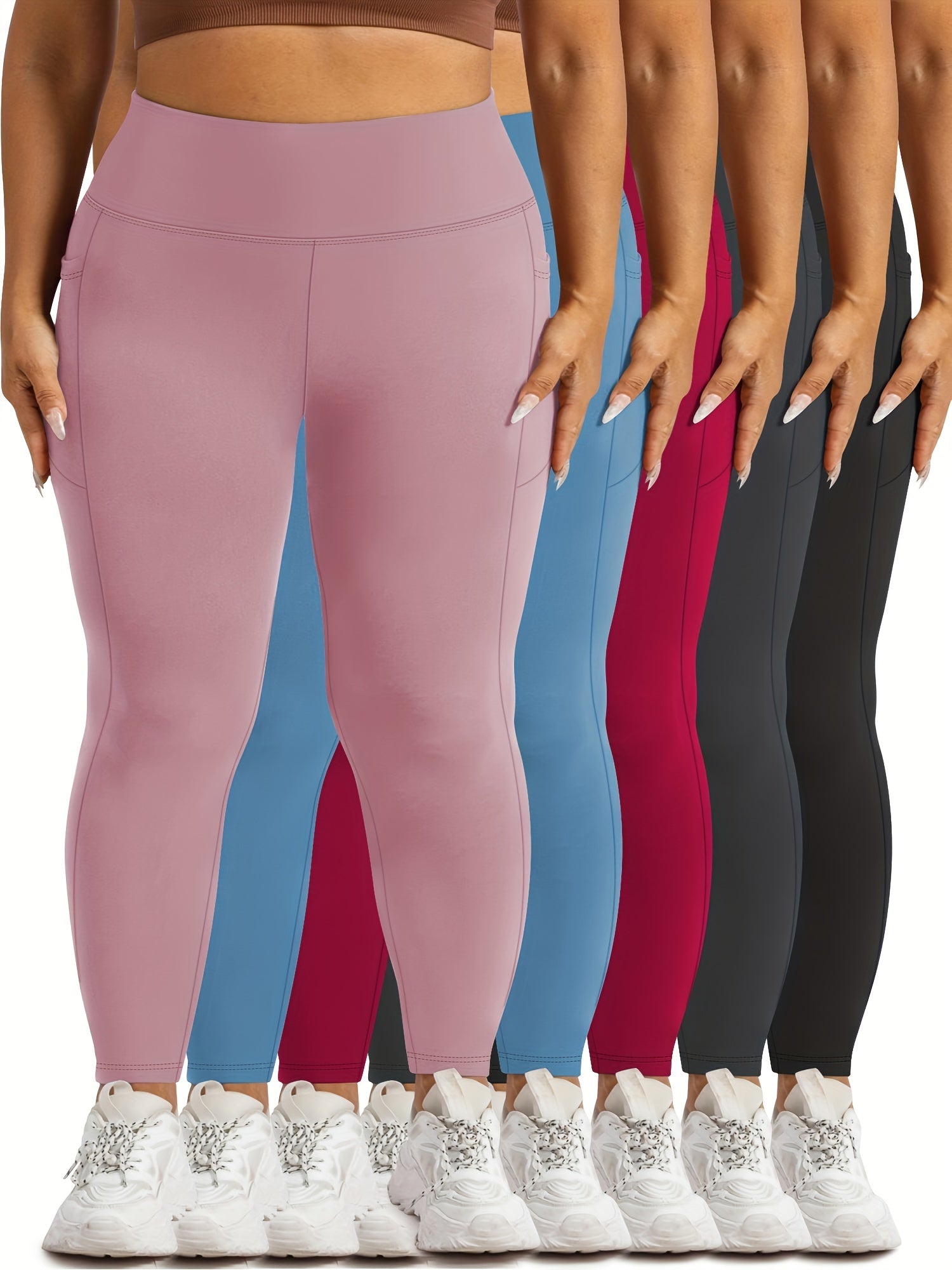 Plus Size Women’s Tummy Control Leggings 5-Pack High-Waisted Pockets