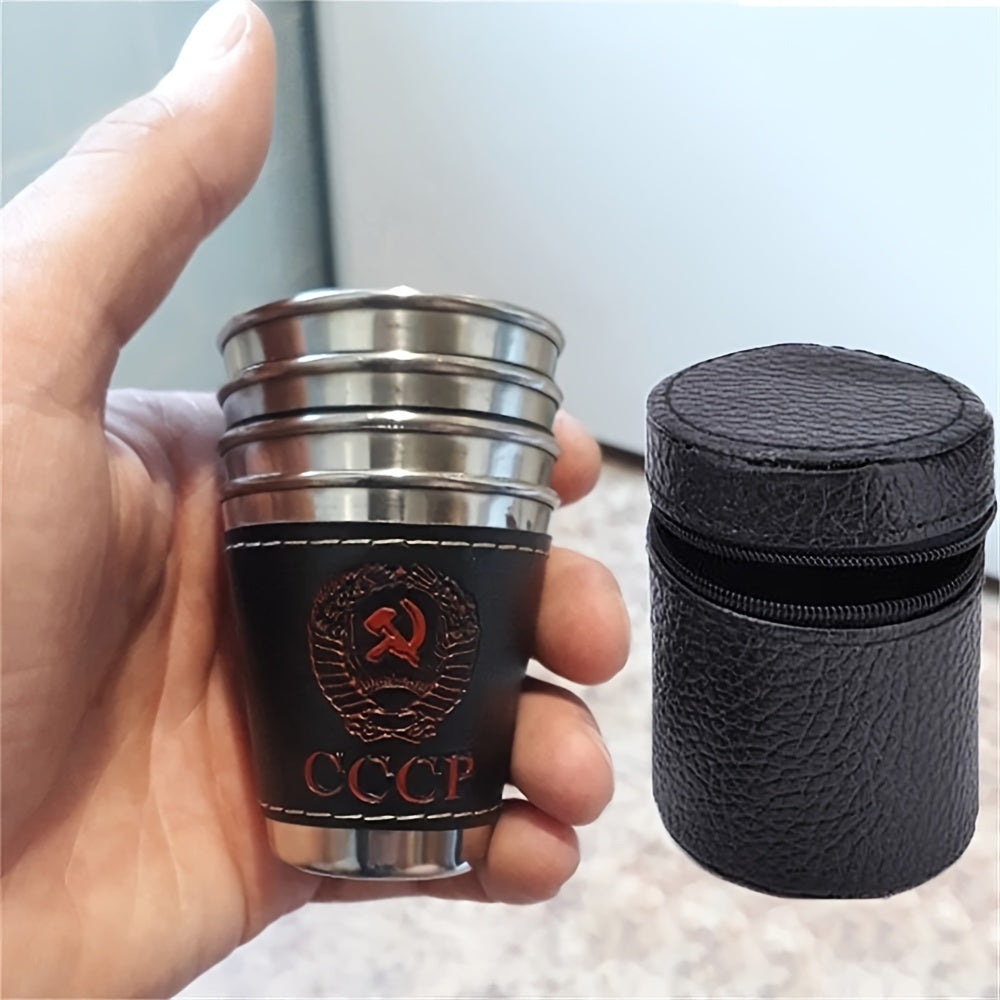 Set of 4 70ml Stainless Steel Camping Cups with Faux Leather Carry Bag