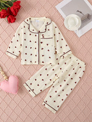 Girls All-Season Cotton Pajama Set with Heart Print Lapel Collar Loose Fit Sleepwear for Over 3 Years
