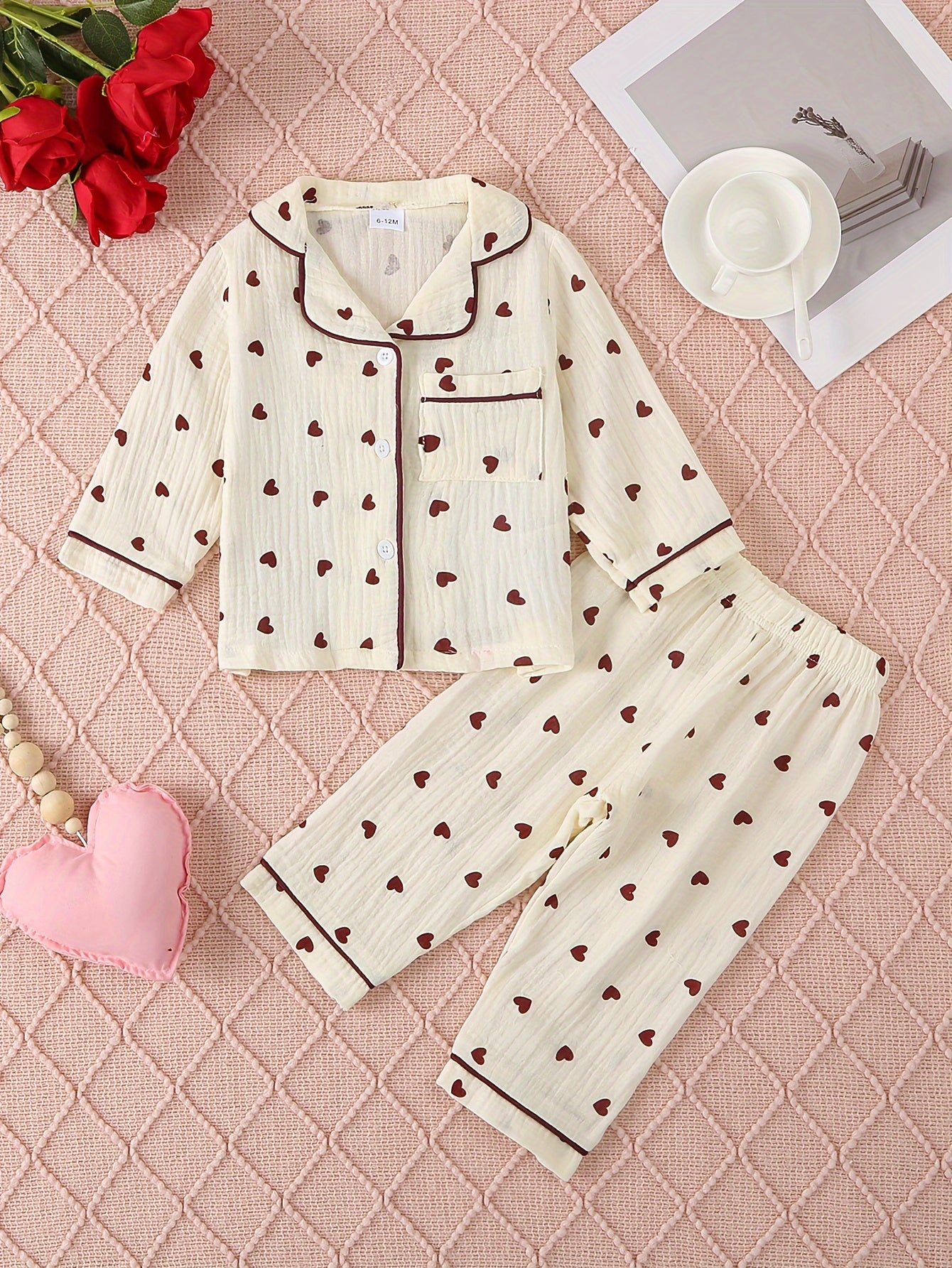 Girls All-Season Cotton Pajama Set with Heart Print Lapel Collar Loose Fit Sleepwear for Over 3 Years