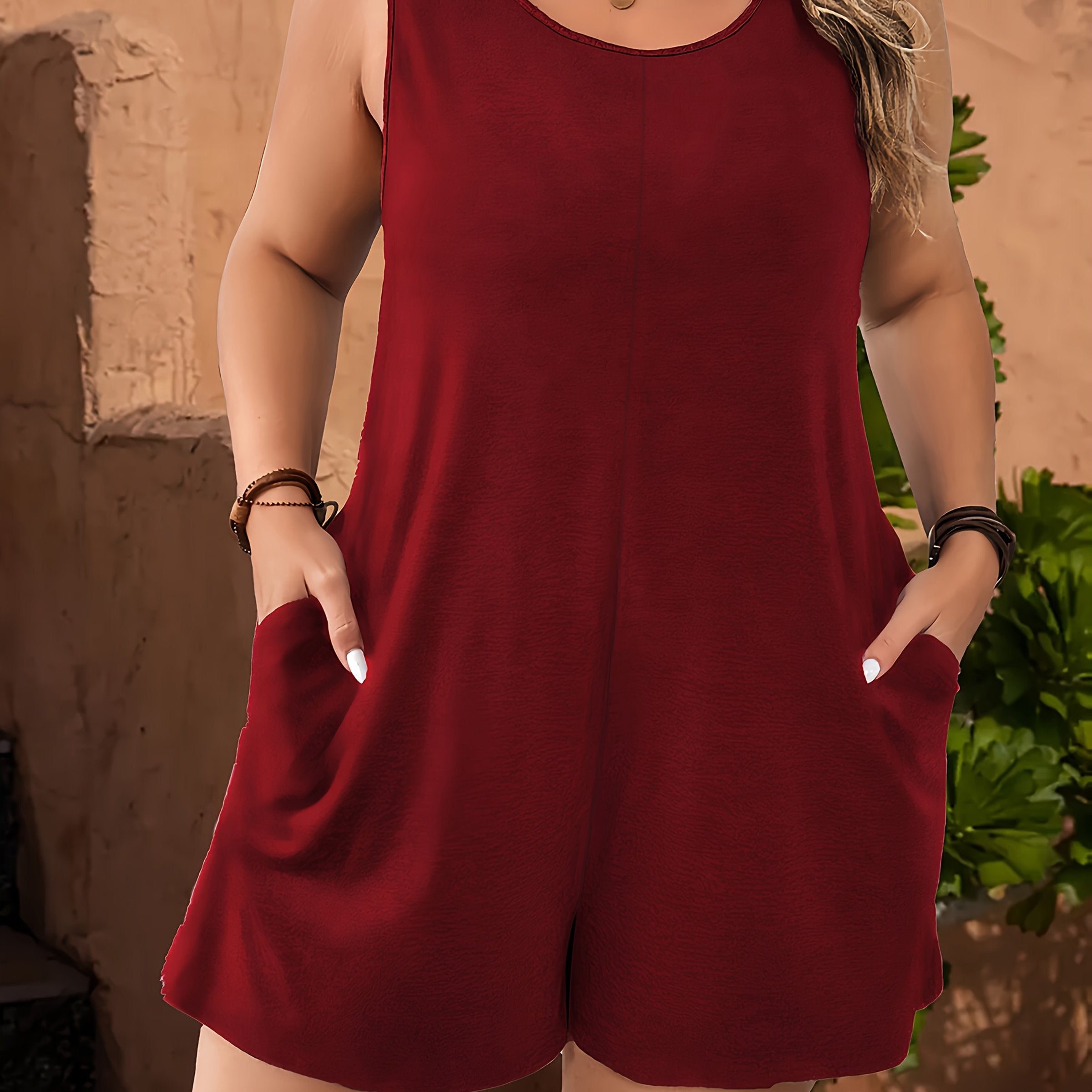 Women's Plus Size Sleeveless Jumpsuit with Pockets Solid Color Summer Casual