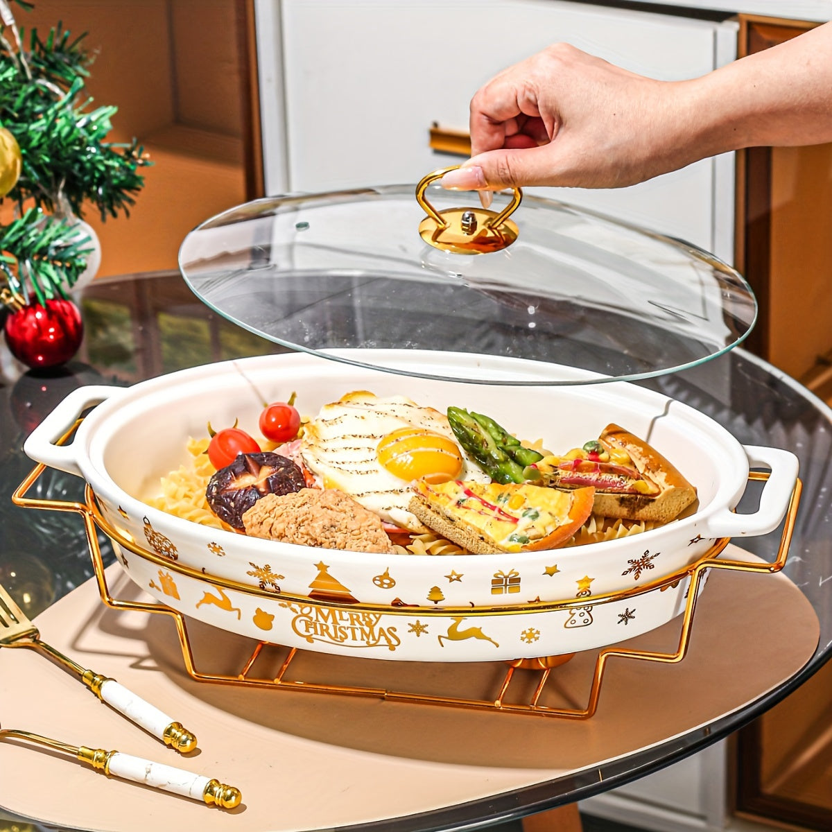 Керамическая рождественская кастрюля с крышкой и железной подставкой - Идеально подходит для приготовления супов, рагу и запеканок на кухне