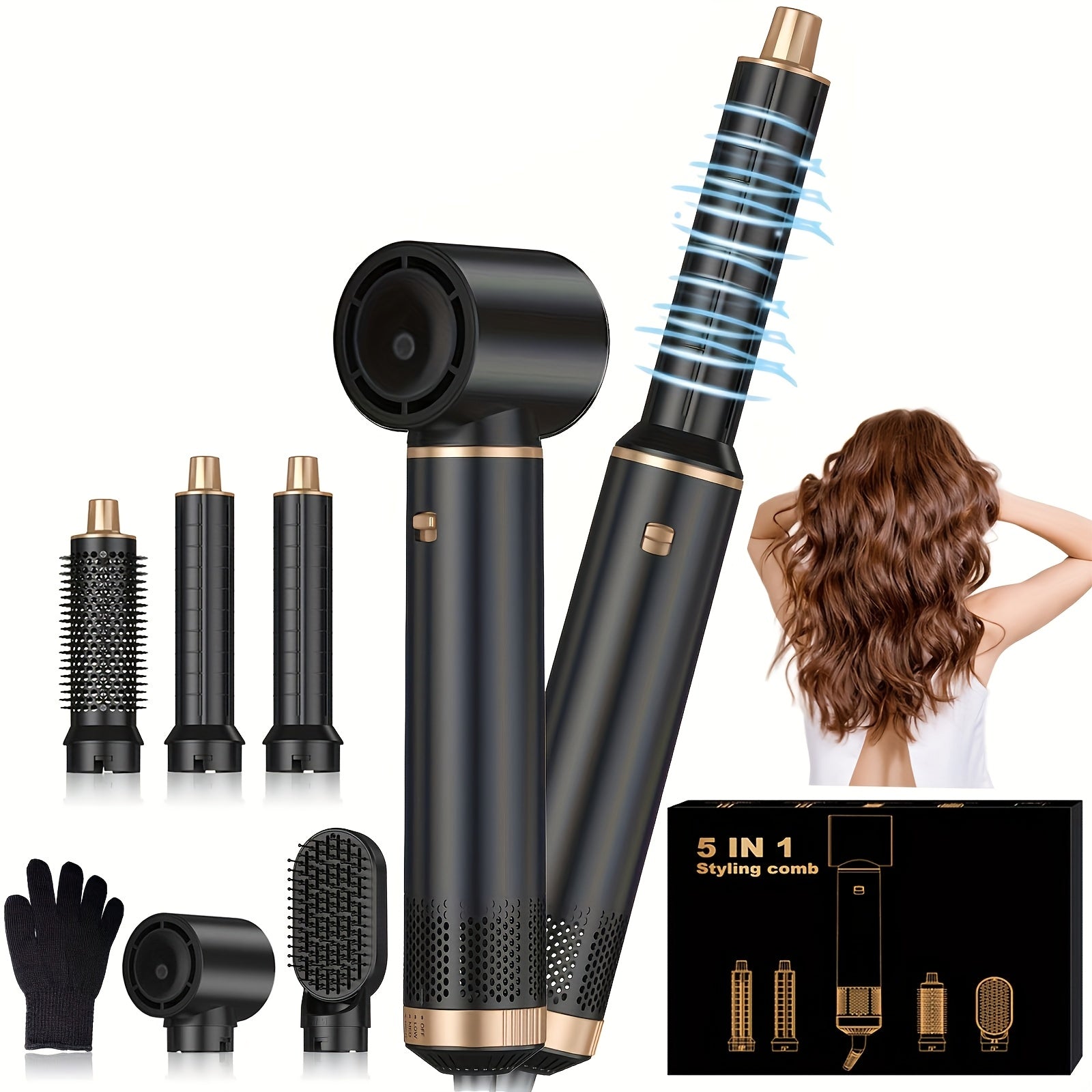 Cepillo secador de pelo 5 en 1 con tecnología iónica para un secado rápido, rizado, volumen y alisado 220-240V enchufe europeo