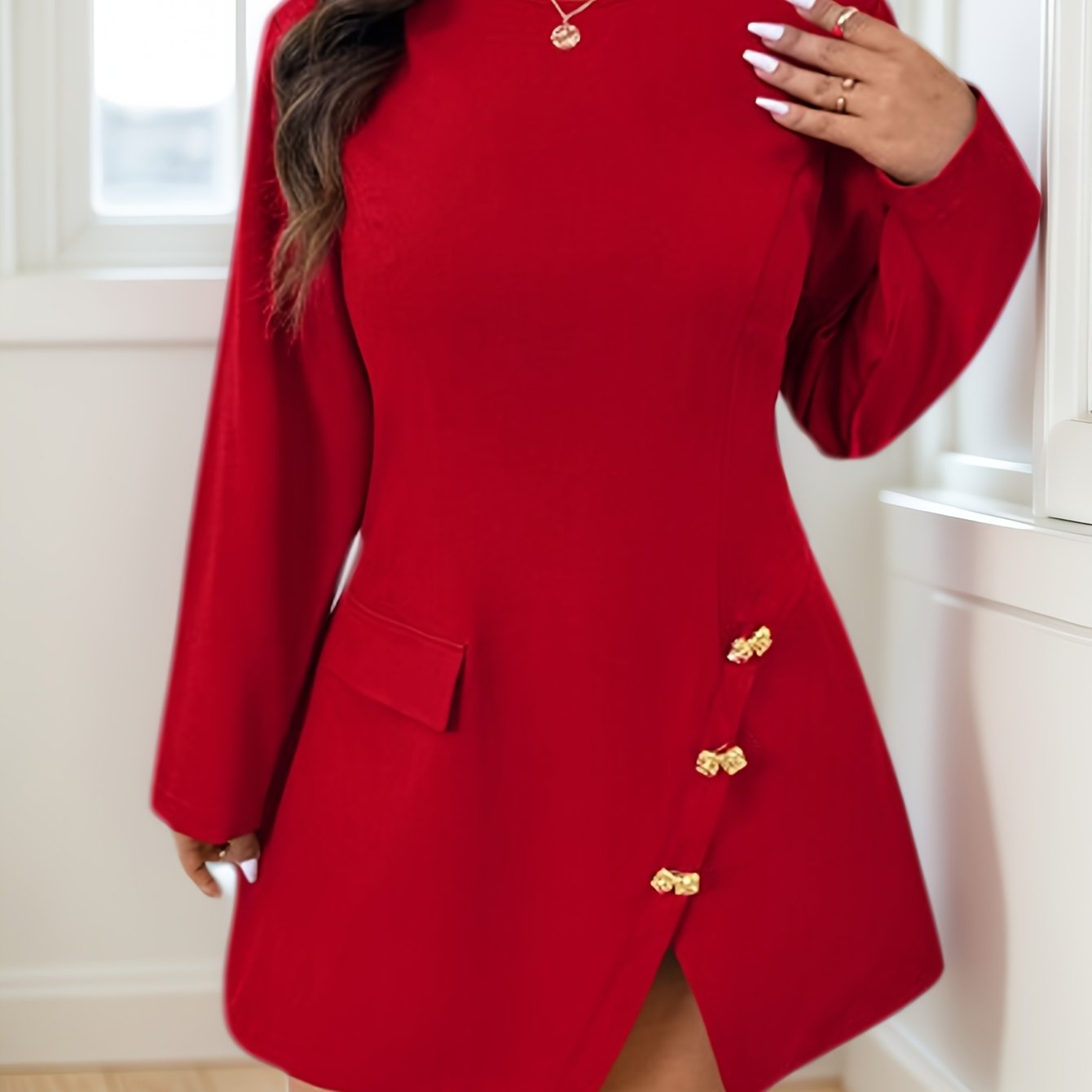 Women's Plus Size Red Crew Neck Asymmetrical Hem Button Sleeve Dress Casual Summer