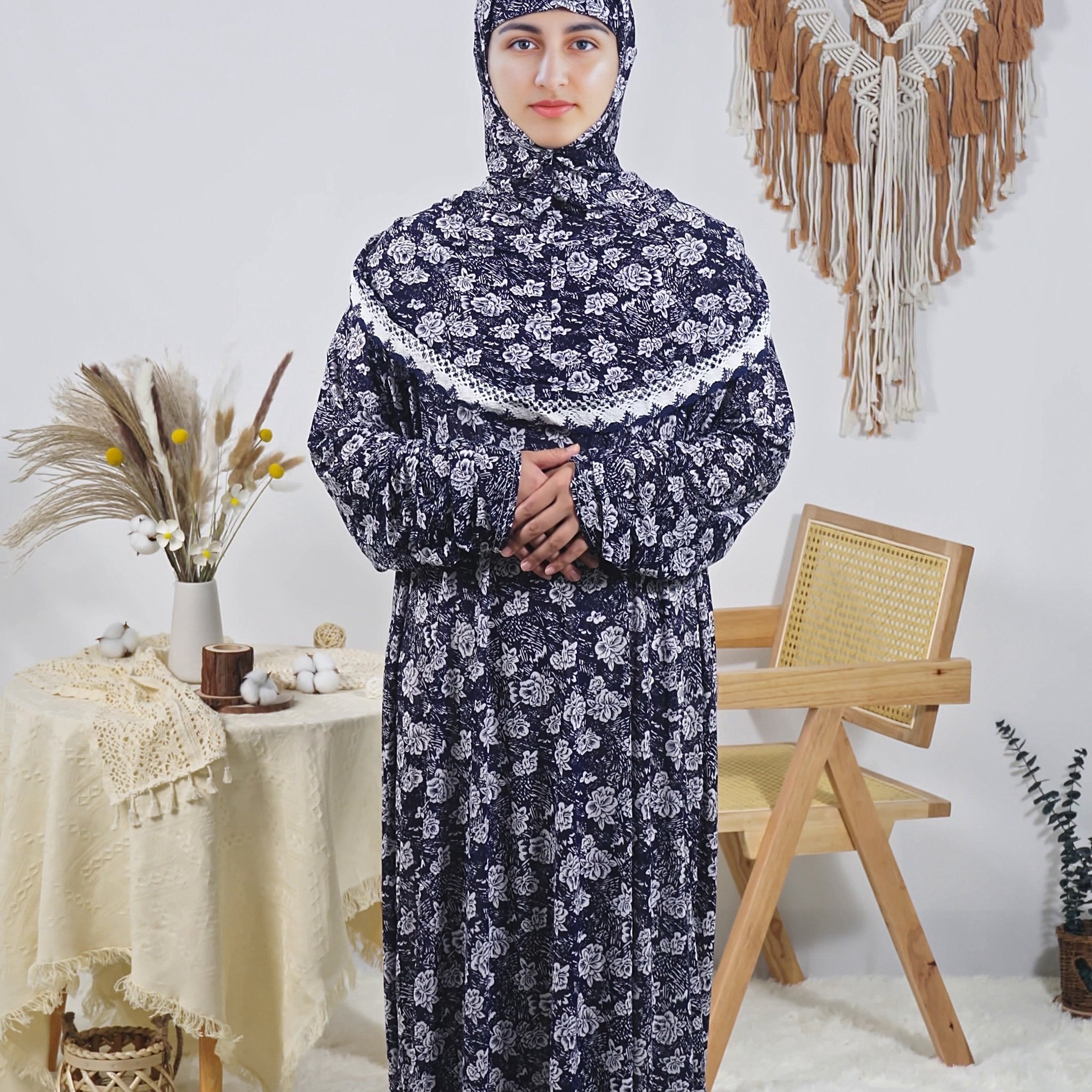 Women's Long Floral Print Loose Fit Robe Polyester Elastane Machine Washable for Ramadan