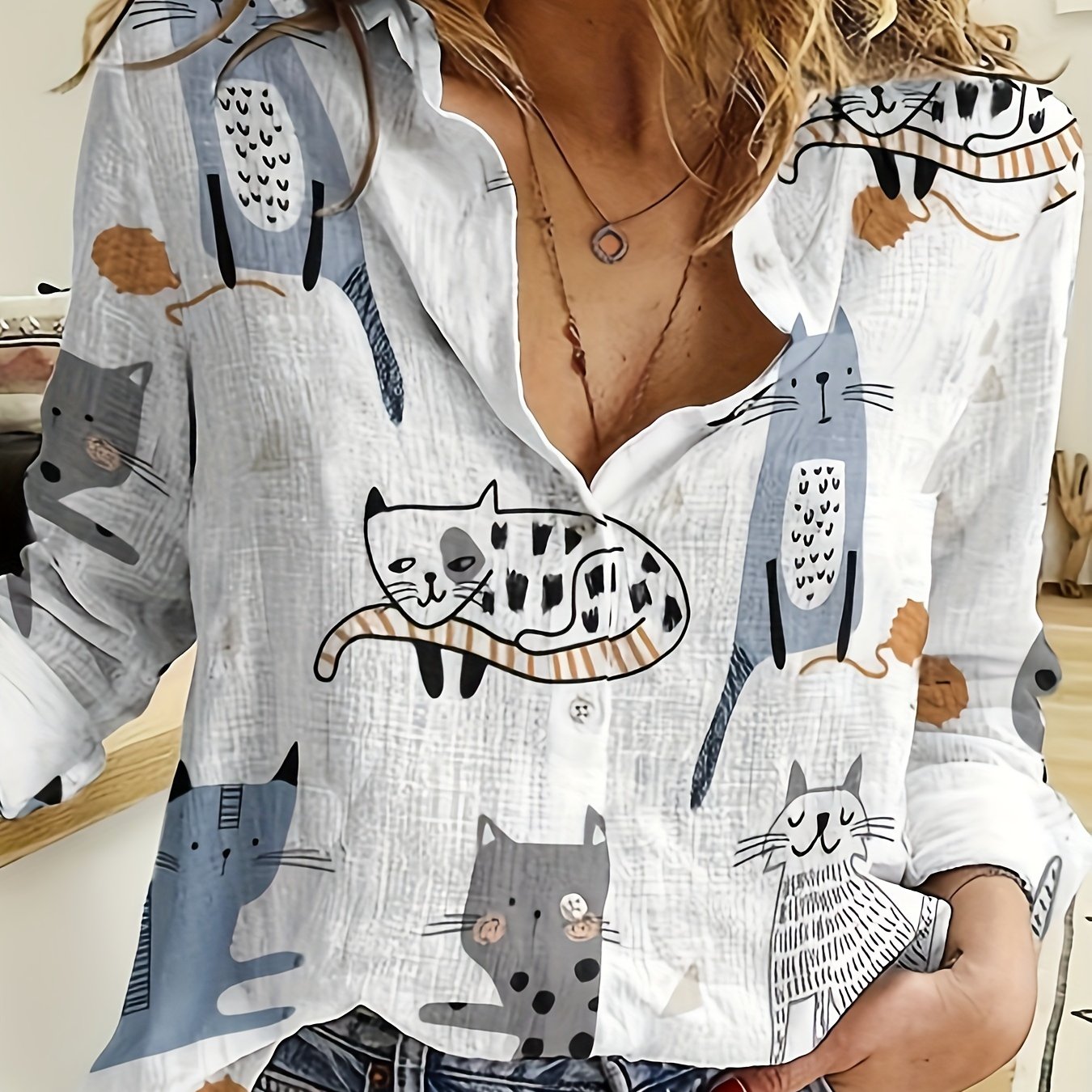 Women's Long Sleeve Casual Shirt Polyester Spandex with Cat and Fish Print for Spring and Summer