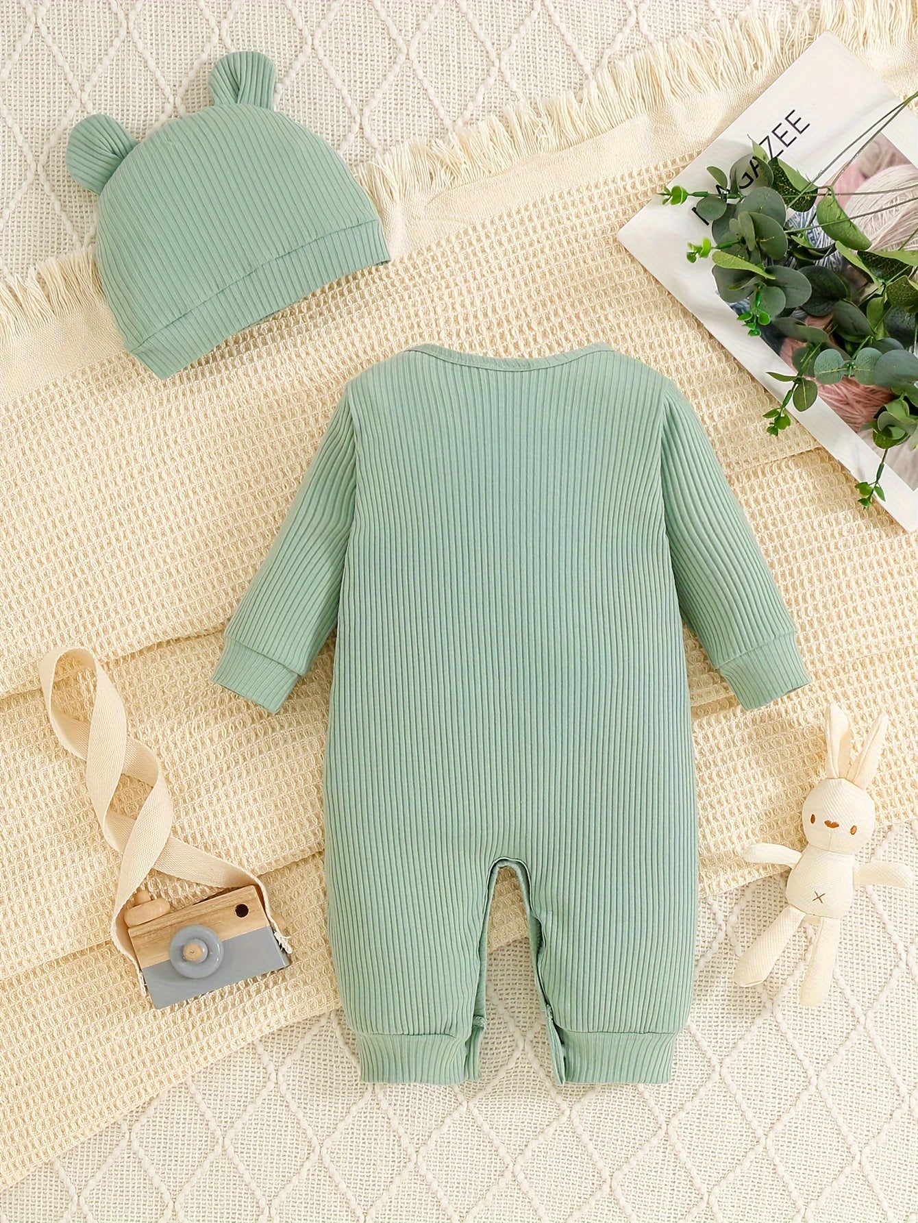 Children's Cotton Jumpsuit with 3D Bear Design and Cozy Hat for Boys