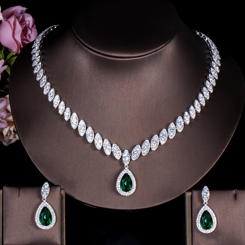 Women’s Jewelry Set with Waterdrop Pendant Necklace and Dangle Earrings Synthetic Zirconia for Weddings and Parties