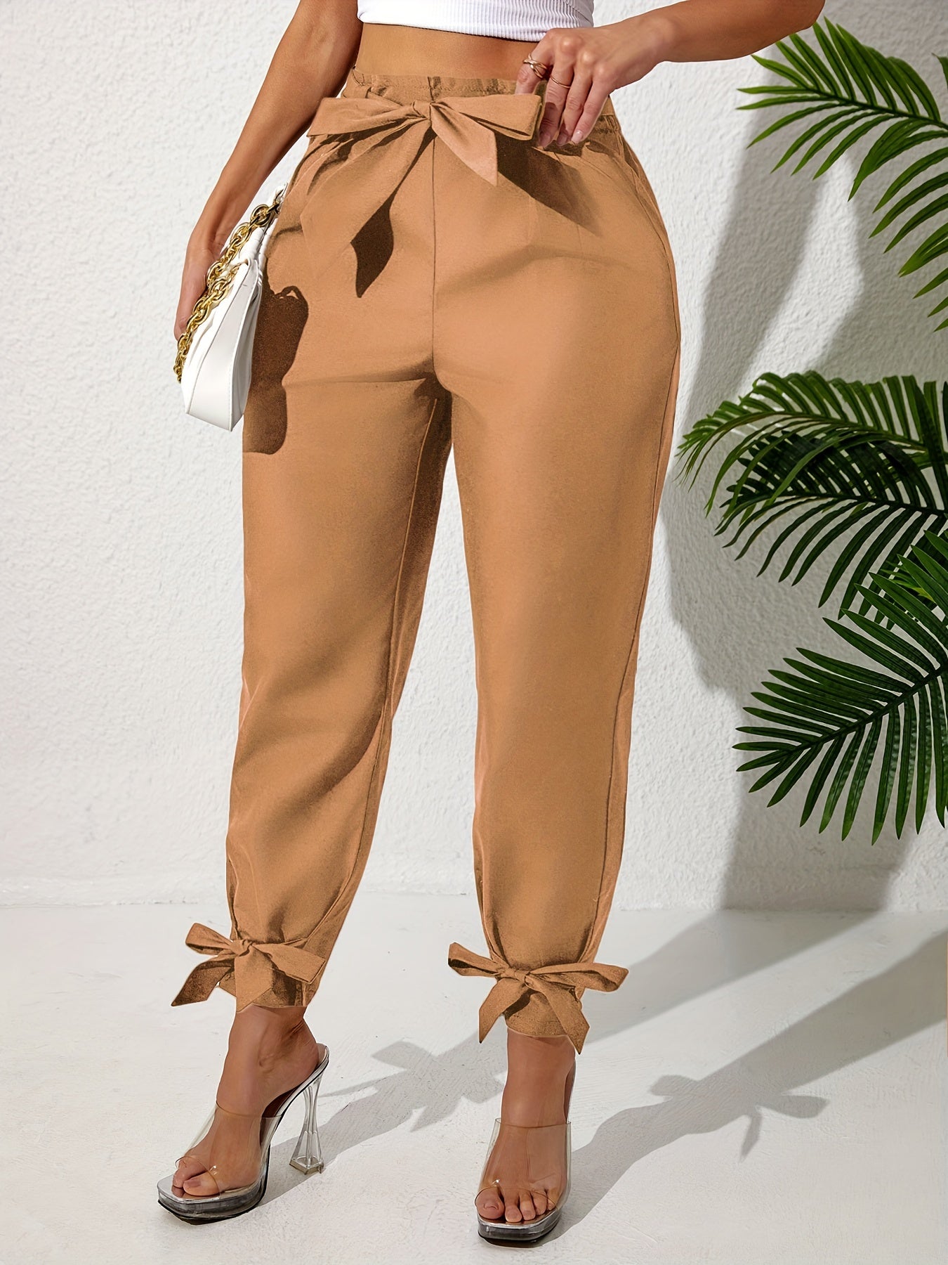Pantalones anchos de talla grande para mujer con lazo en la parte delantera, color sólido, largo recto, verano, casual, con cintura elástica