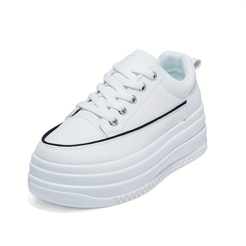 Women's Casual White PU Low-Top Sneakers with Breathable Fabric