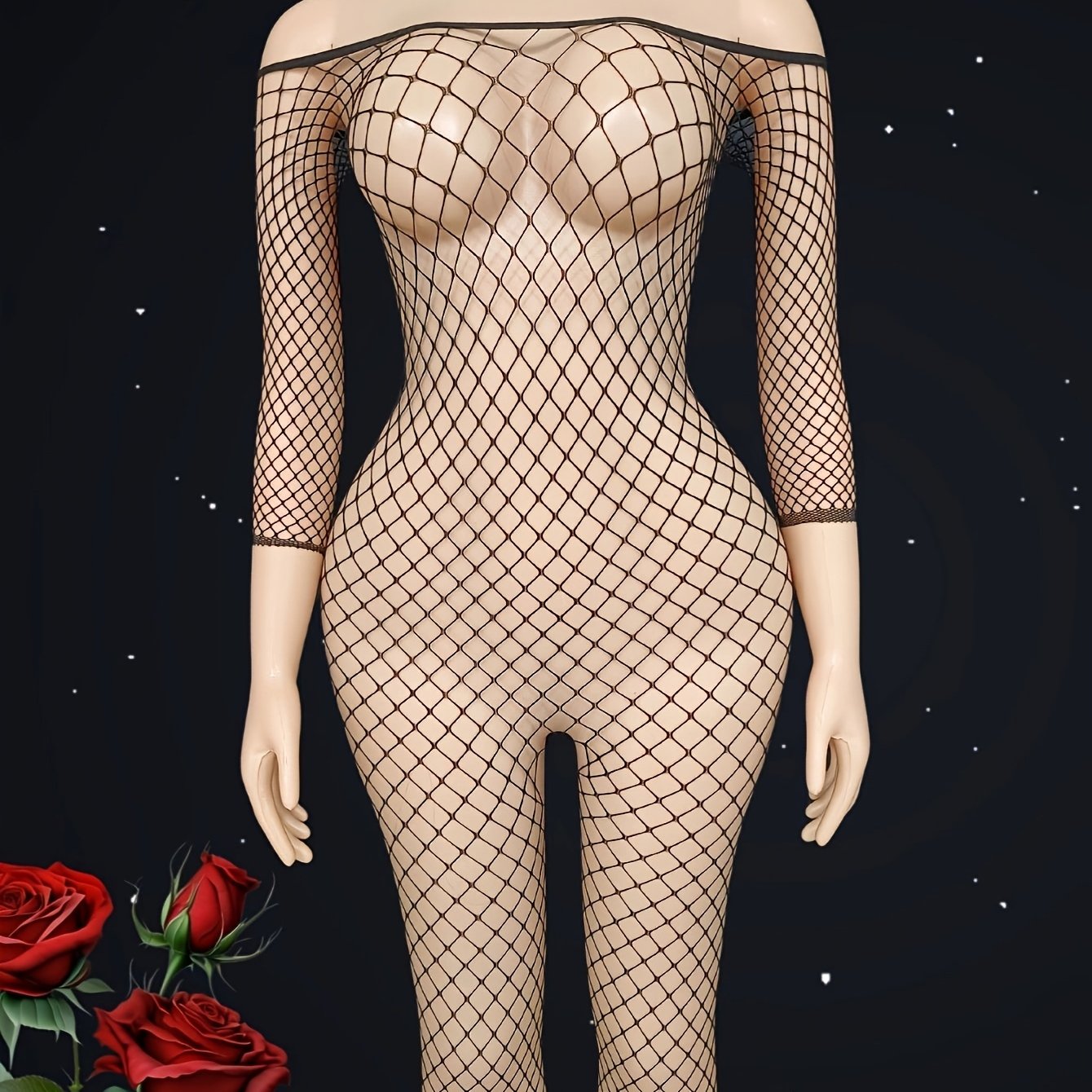 Women's Black Fishnet Bodysuit with Off-Shoulder Hollow-Out Back for Role Play and Valentine's Day