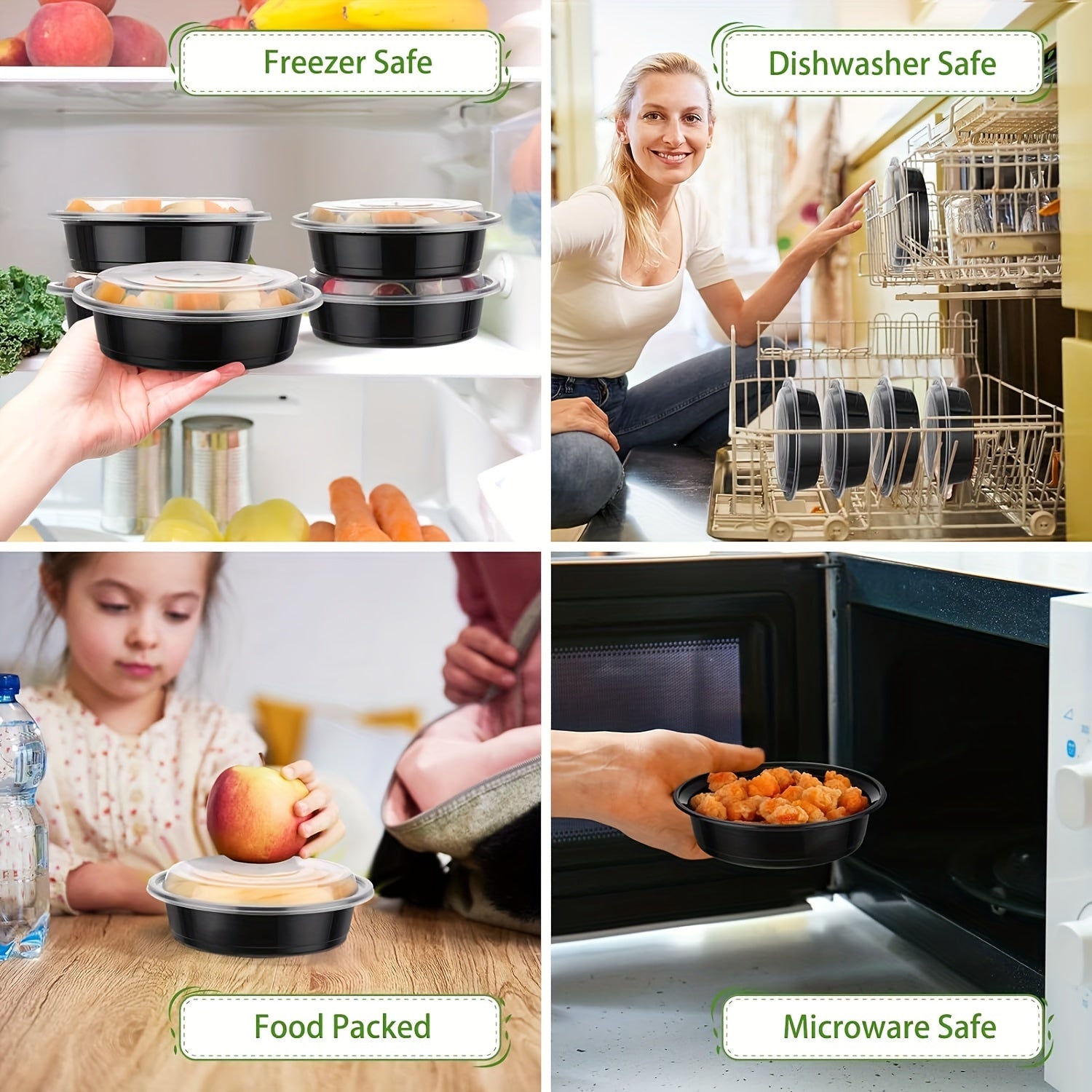 24oz Black Plastic Food Storage Bowls with Lids Pack of 10 30 50 Leakproof Microwave Safe