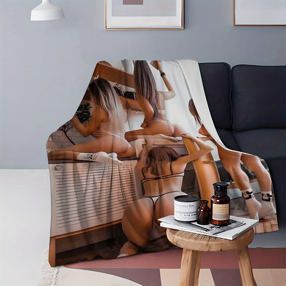 Flannel Throw Blanket with AI-Designed Blonde Model Pattern Cozy Bed Couch Gift