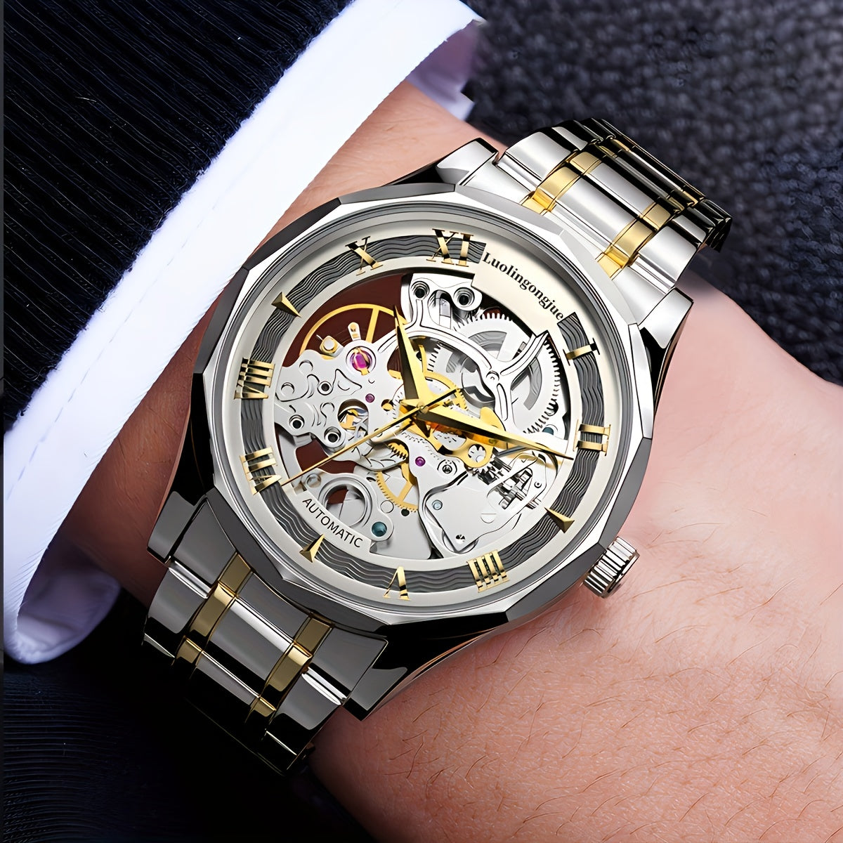 Men's Mechanical Watch Stainless Steel Strap Hollow Dial Casual Automatic Self-Winding