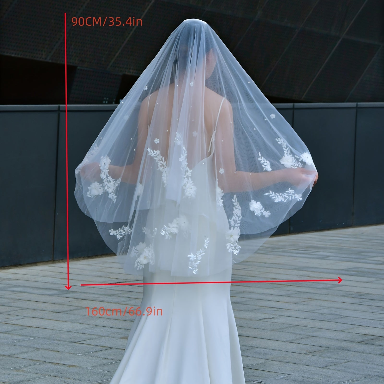 Double-Layered Wedding Bridal Veil with 3D Floral Appliques and Beading Soft Polyester