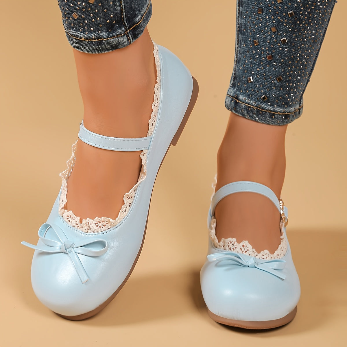 Women's Mary Jane Flats with Bow Detail Breathable Rubber Sole Pink White