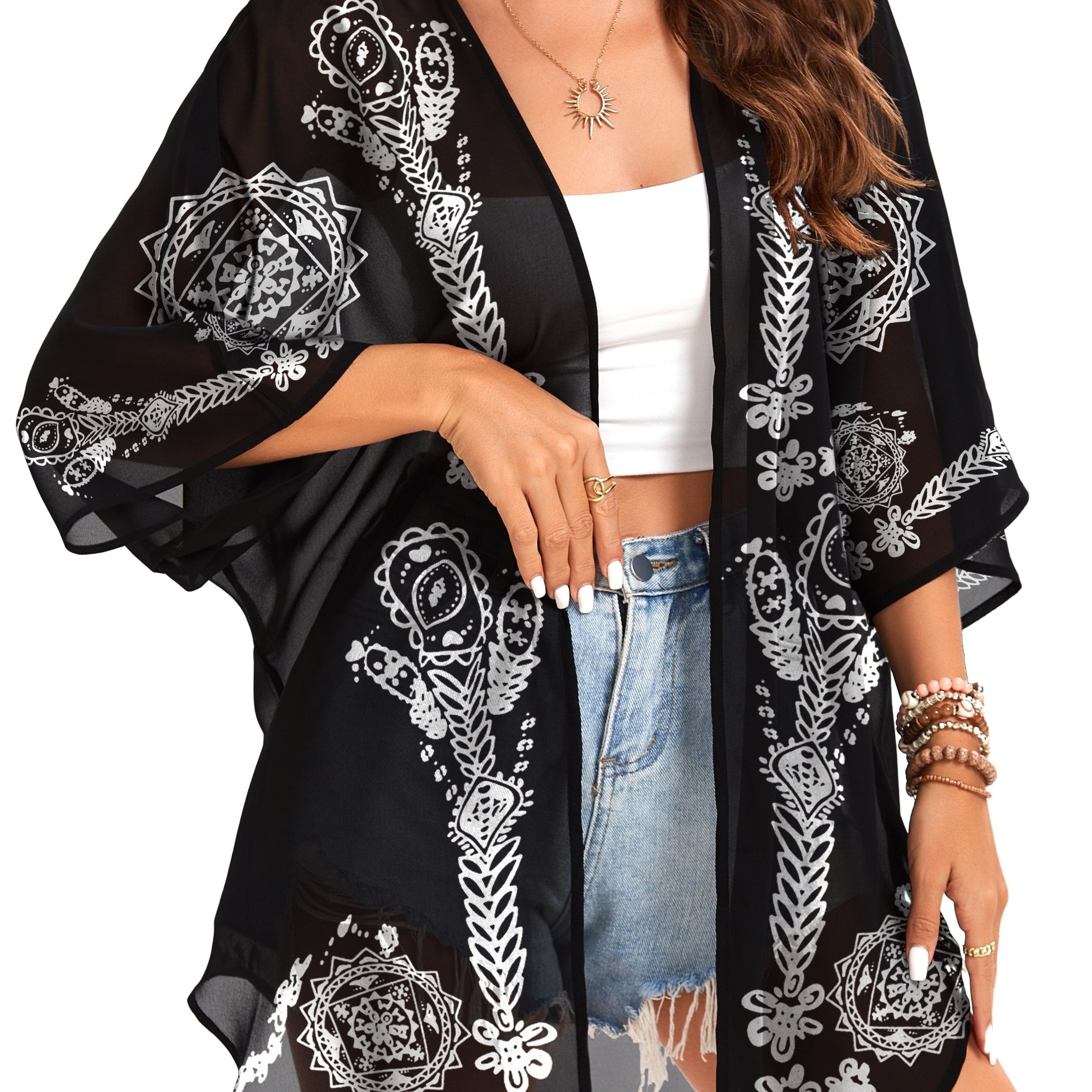Women's Summer Kimono Cardigan with Printed Bubble Sleeves and V-Neck