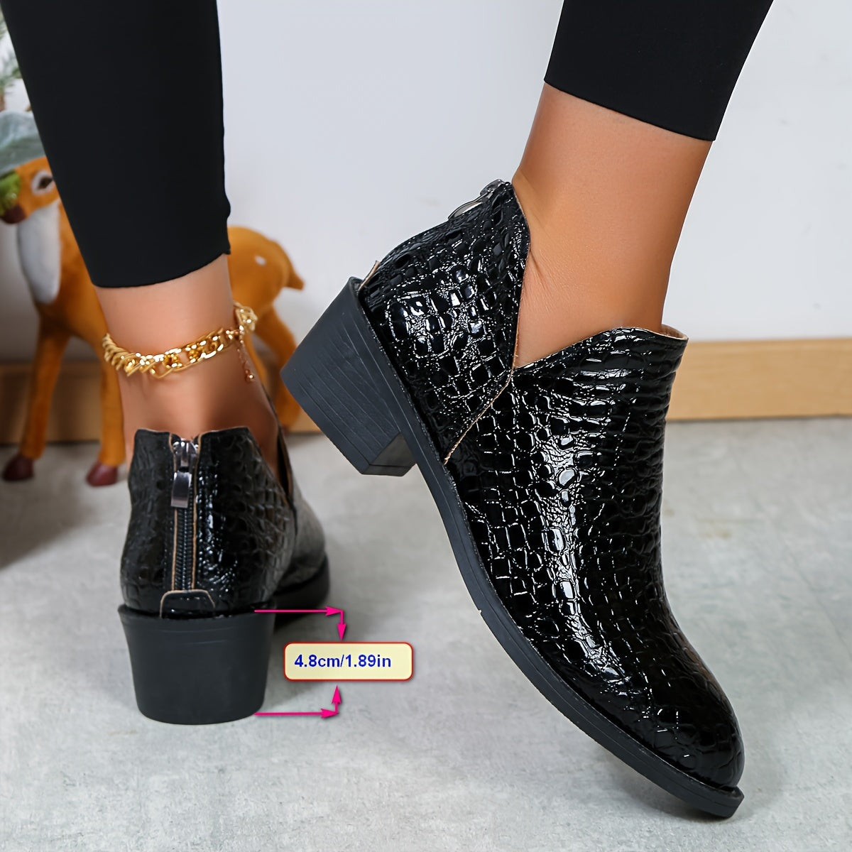 Women's Faux Leather V-Back Zip Ankle Boots with Block Heel and Round Toe