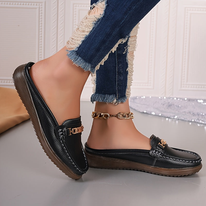 Women’s Fashion Mules Slip-Resistant Flats with Metallic Buckle in Beige Black Blue