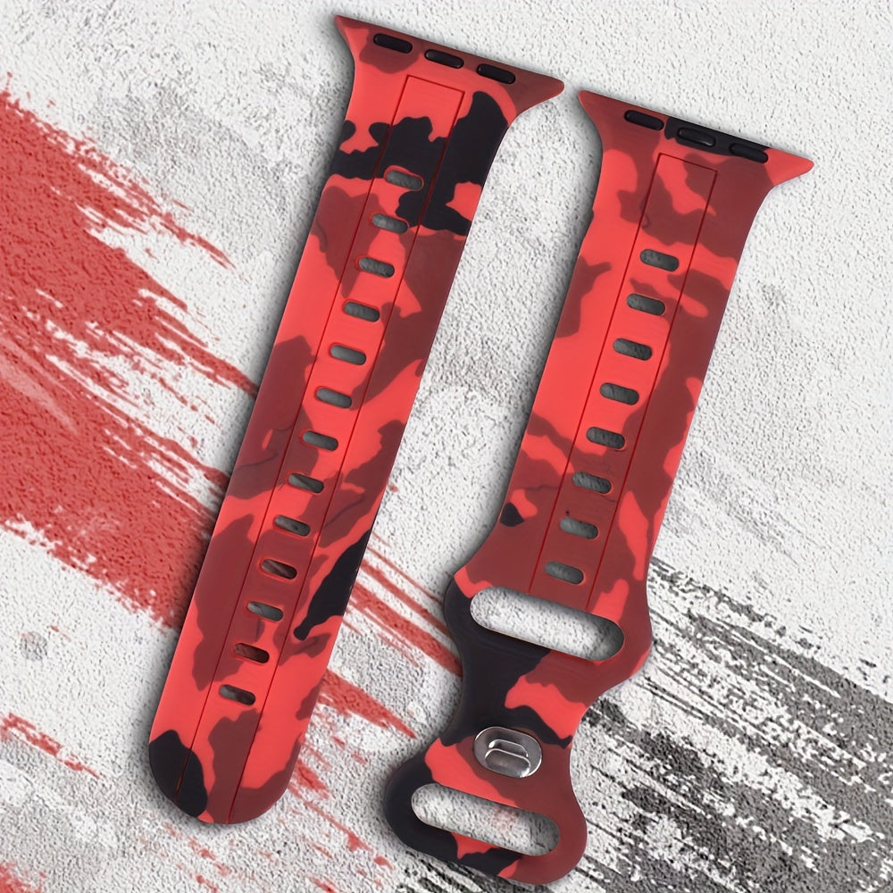 Ko'p rangli kamuflyaj silikondan yasalgan sport tasmasi IWatch Series 9-1 SE uchun, suv o'tkazmaydigan, terga chidamli, qulay, mustahkam, metall sozlash teshigi bilan, kapalak dumiga o'xshash dizayn.