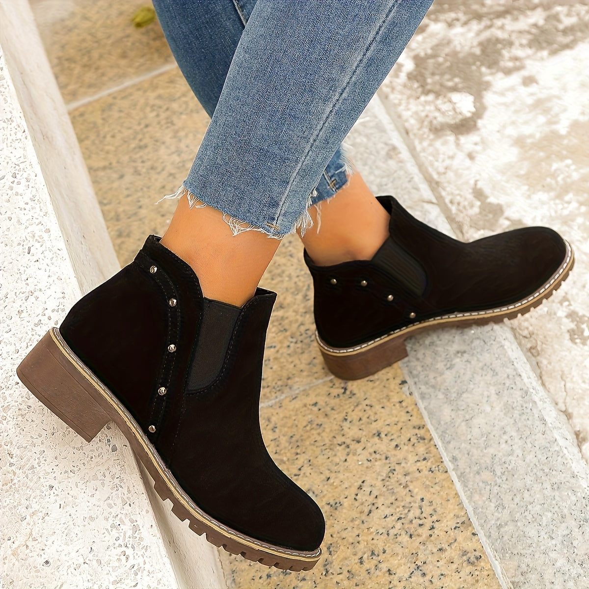 Women's Black Chunky Mid-Heel Boots with Round Toe Zipper Non-Slip