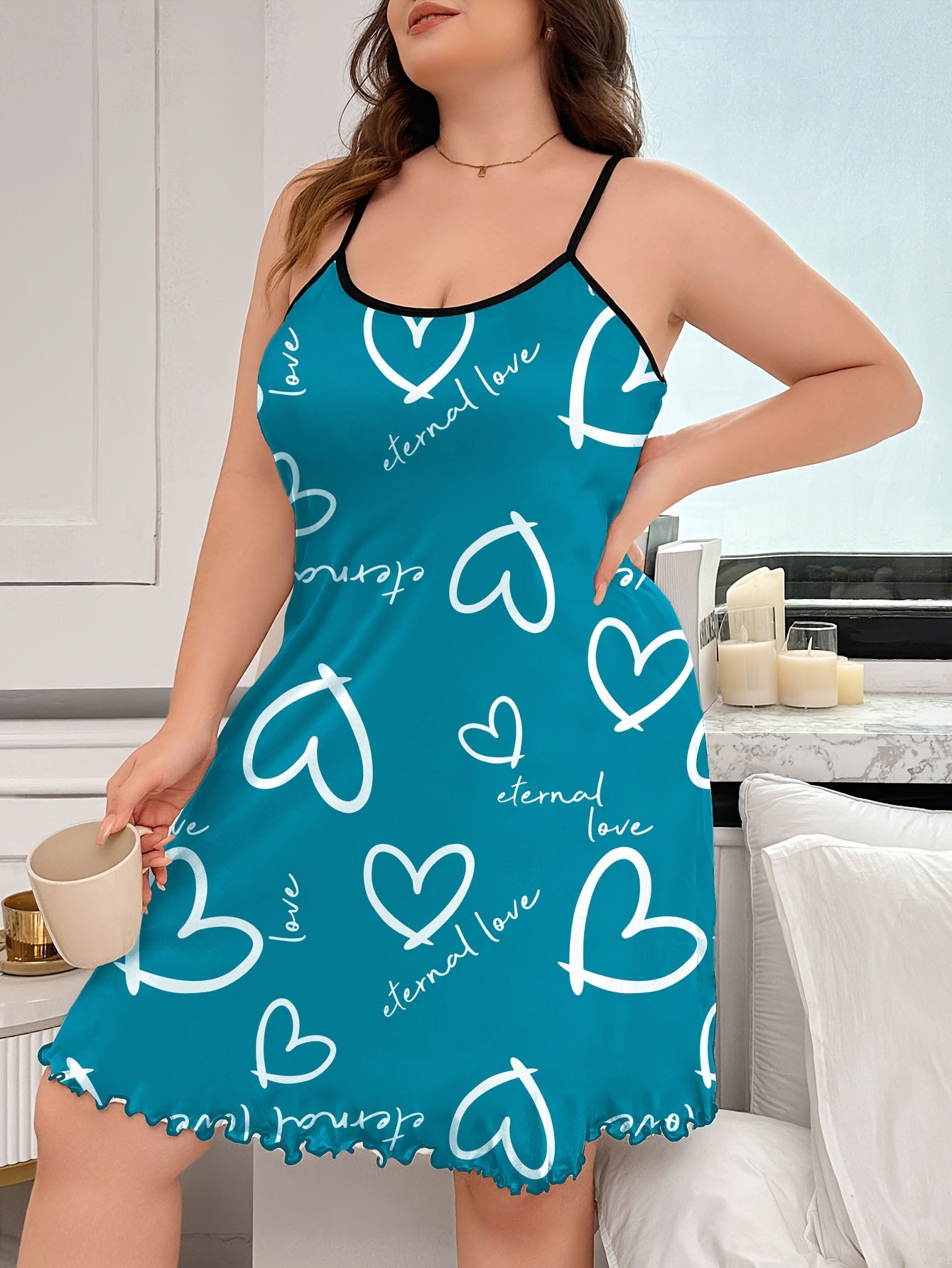 Women Plus Size Heart Pattern Spaghetti Strap Nightgown Polyester Sleepwear