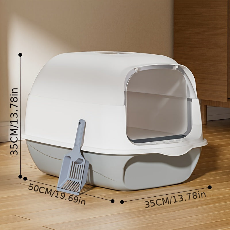Enclosed Cat Litter Box with Scoop Leak-Proof Odor-Control Small to Medium Cats White Gray 45cm