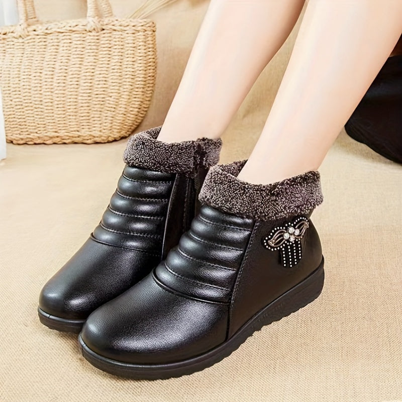 Women's Burgundy Faux Fur Lined Ankle Boots with Non-Slip Sole