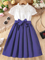 Girls' Knee-Length Pleated Dress with Embroidered Details, Crew Neck, Lantern Sleeves, Belt, Casual Spring Summer